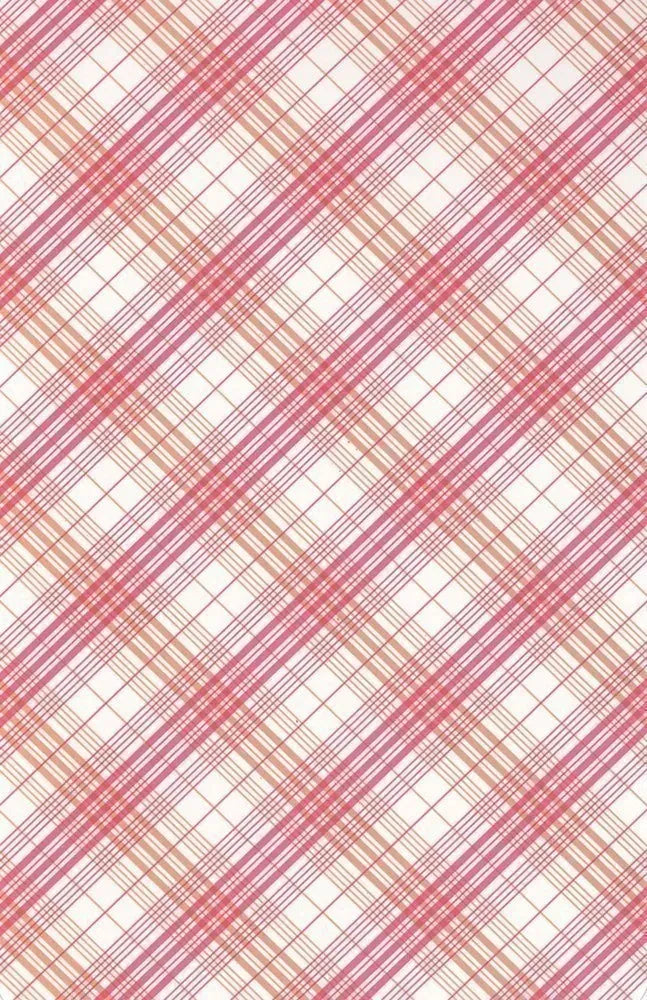Diagonal plaid pattern with pink and beige lines on a white background