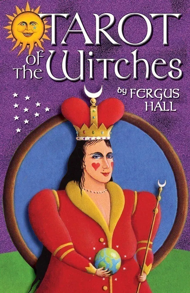 Book cover of 'Tarot of the Witches' by Fergus Hall with a stylized illustration of a woman in a red outfit and crown.