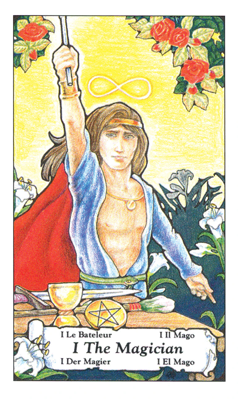 Tarot card featuring 'The Magician' with a person holding a sword and a pentacle symbol, surrounded by flowers.