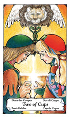 Card from a tarot deck featuring two people with a lion above them, labeled 'Two of Cups'.