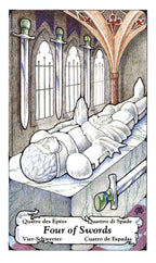 Card from a tarot deck titled 'Four of Swords' with a person lying on a bed and three swords above.