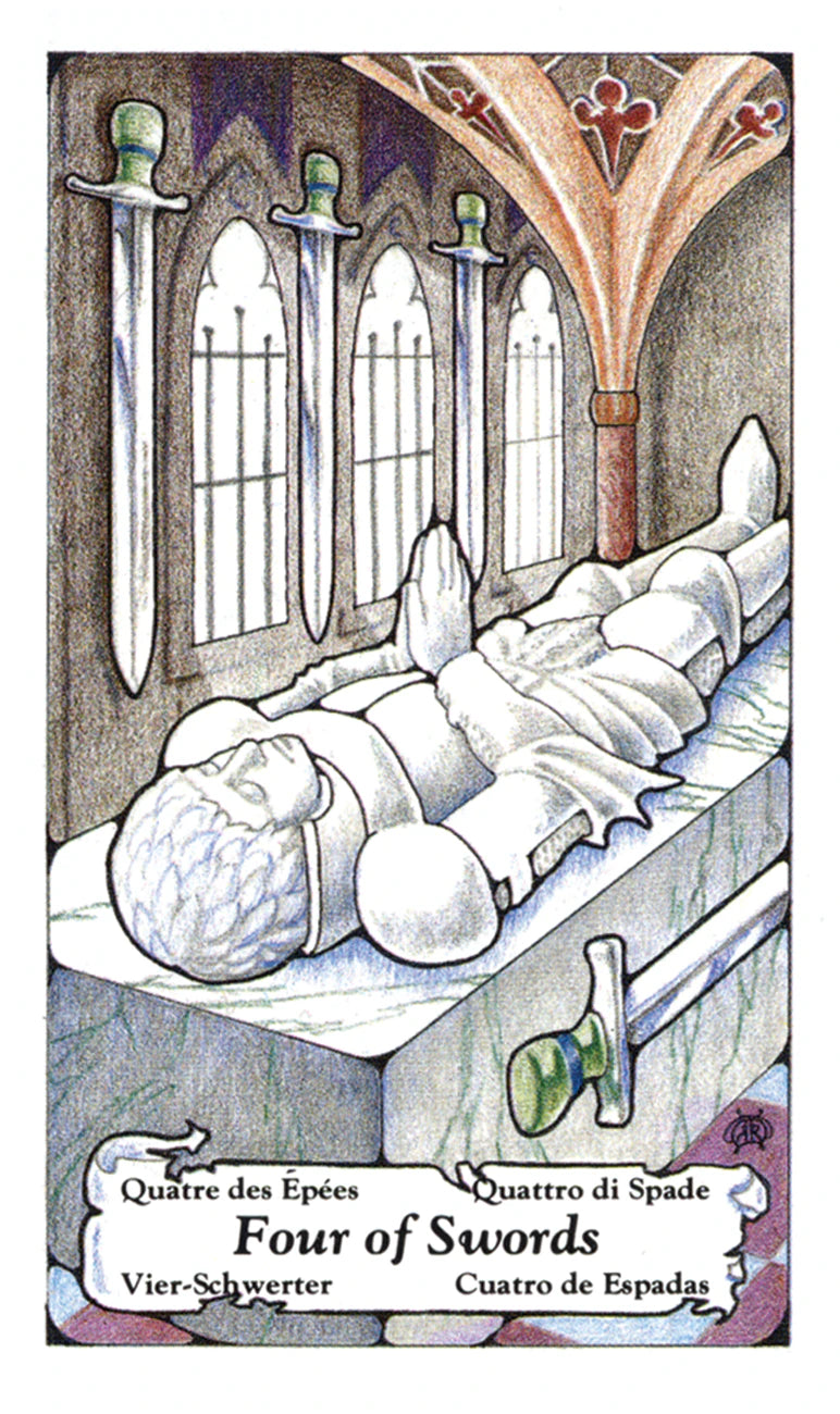 Card from a tarot deck titled 'Four of Swords' with a person lying on a bed and three swords above.