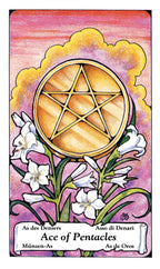 Card with a pentacle symbol and flowers on a colorful background