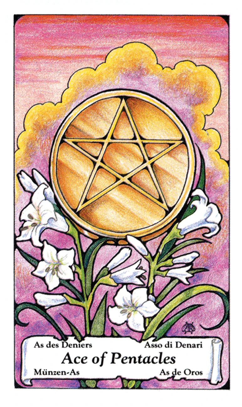 Card with a pentacle symbol and flowers on a colorful background