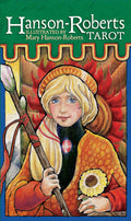 Cover of 'Hanson-Roberts Tarot' with a stylized illustration of a woman holding a spear and a flower, against a green background.