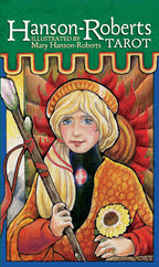 Cover of 'Hanson-Roberts Tarot' with a stylized illustration of a woman holding a spear and a flower, against a green background.