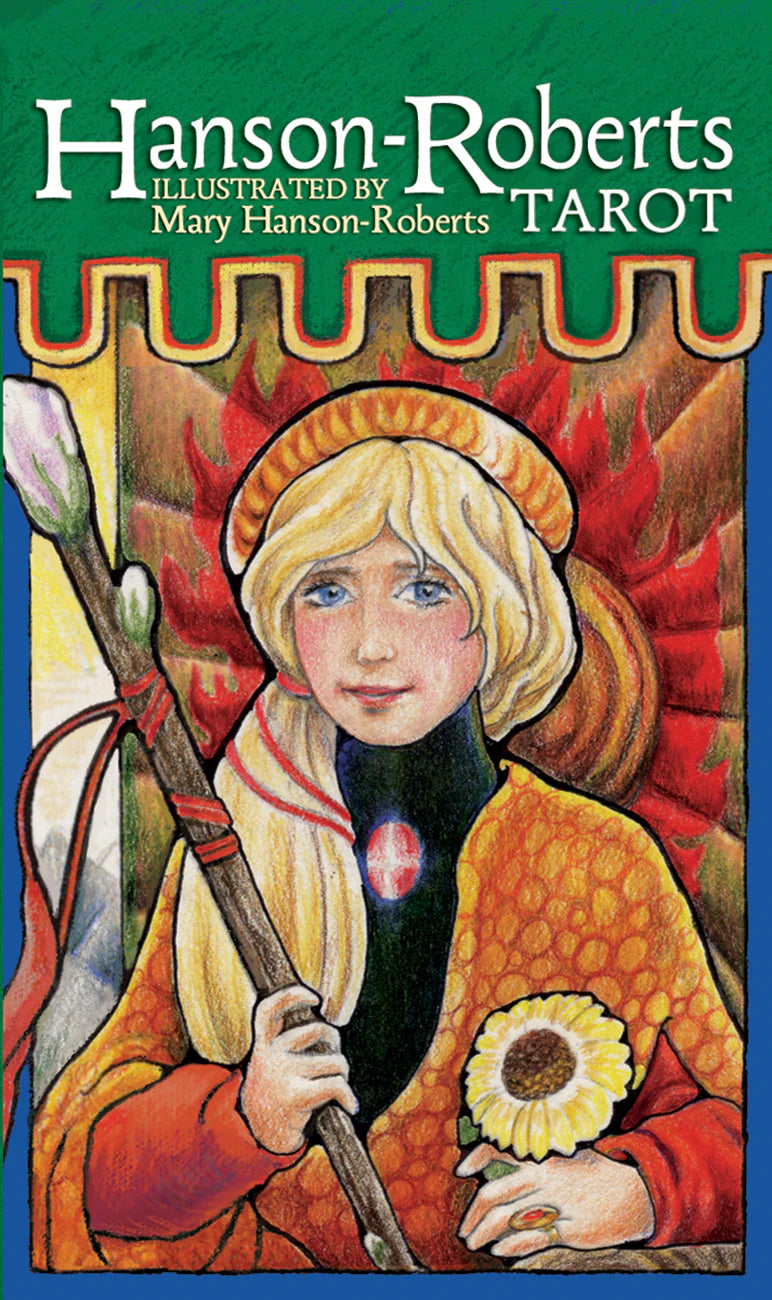 Cover of 'Hanson-Roberts Tarot' with a stylized illustration of a woman holding a spear and a flower, against a green background.