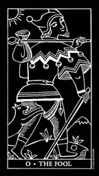 Tarot card featuring 'The Fool' with a stylized figure and text on a black background