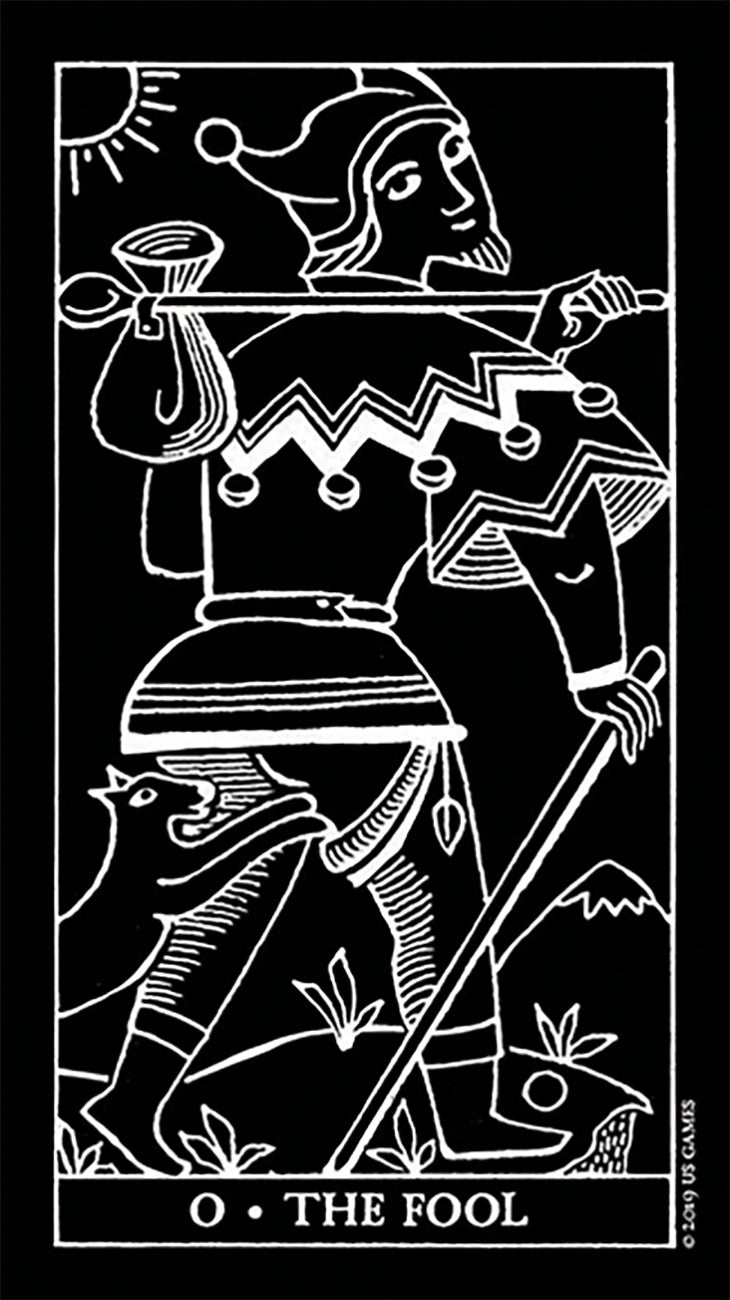Tarot card featuring 'The Fool' with a stylized figure and text on a black background