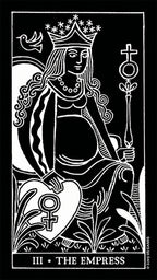 Black and white tarot card featuring 'The Empress' with decorative elements.