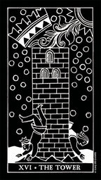 Black and white illustration of 'The Tower' tarot card with a tower and falling figure.