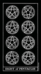 Eight white pentacle symbols on a black background with 'Eight of Pentacles' text at the bottom.