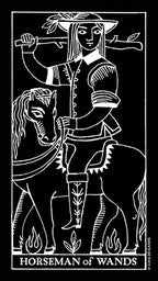Illustration of the 'Horseman of Wands' tarot card with a person on horseback holding wands.