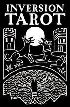 Inversion Tarot logo with white illustration on a black background