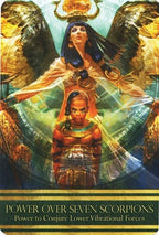 Card featuring an Egyptian-themed design with two figures and text about power over seven scorpions.