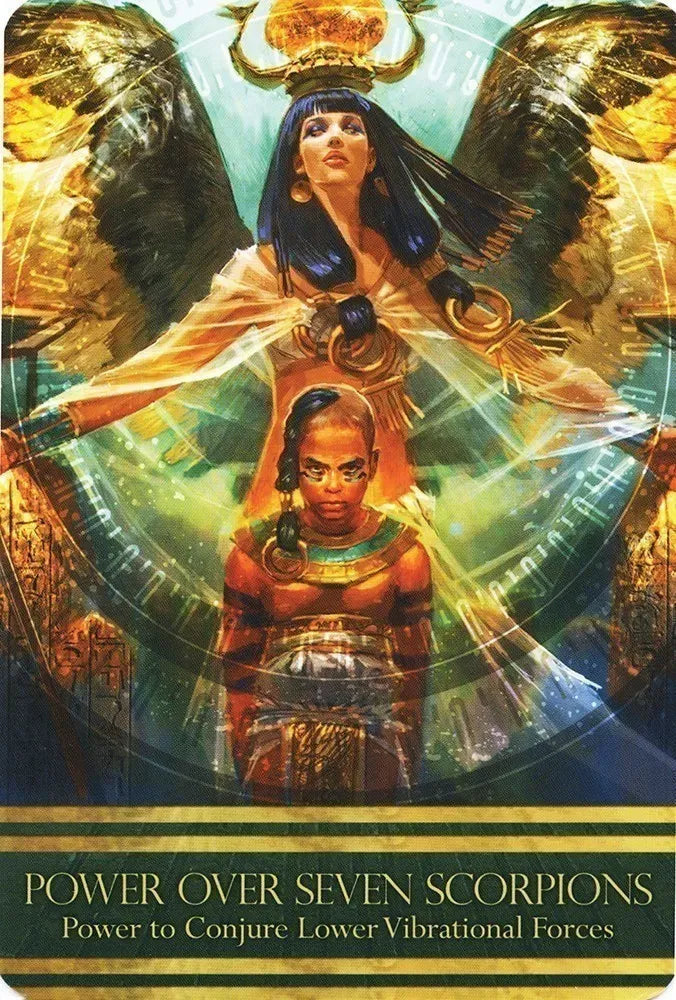Card featuring an Egyptian-themed design with two figures and text about power over seven scorpions.