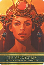 Card featuring an Egyptian-style goddess with intricate headdress and text 'The Dark Mysteries' on a gold and brown background.