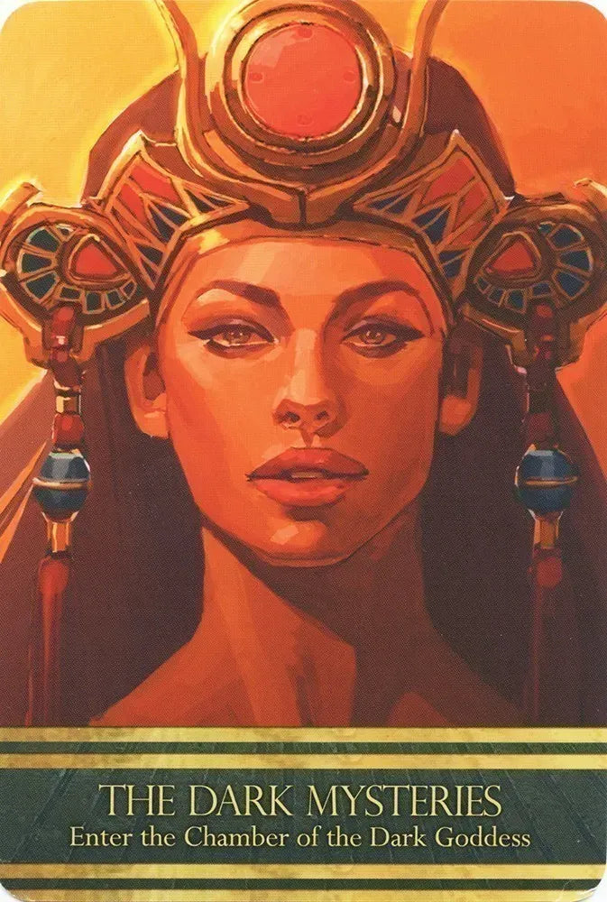 Card featuring an Egyptian-style goddess with intricate headdress and text 'The Dark Mysteries' on a gold and brown background.
