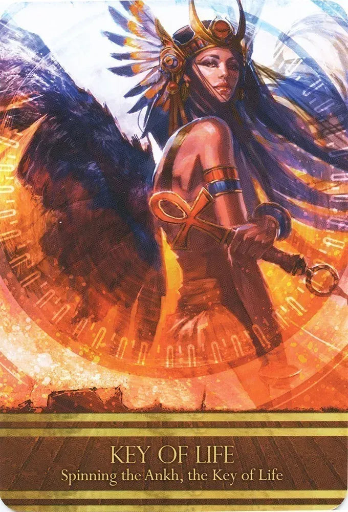 Card featuring a warrior with an ankh symbol and text 'Key of Life' on a colorful background.