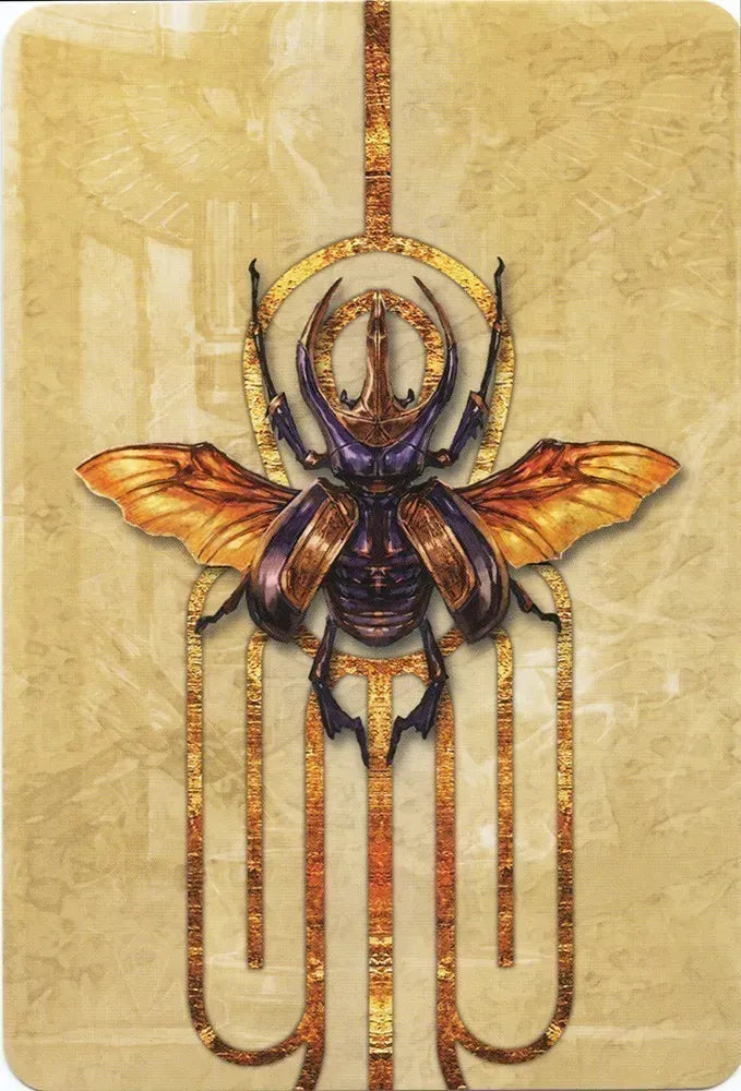 Decorative card with a stylized beetle design on a textured beige background