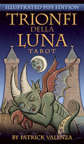 Book cover of 'Trionfi della Luna Tarot' with a dragon illustration and castle in the background.