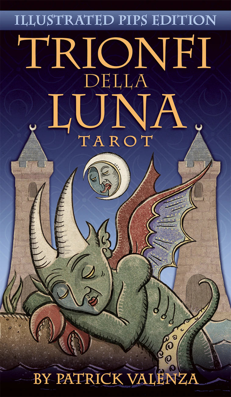 Book cover of 'Trionfi della Luna Tarot' with a dragon illustration and castle in the background.
