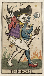 Vintage-style tarot card featuring 'The Fool' with a devilish figure and trident.