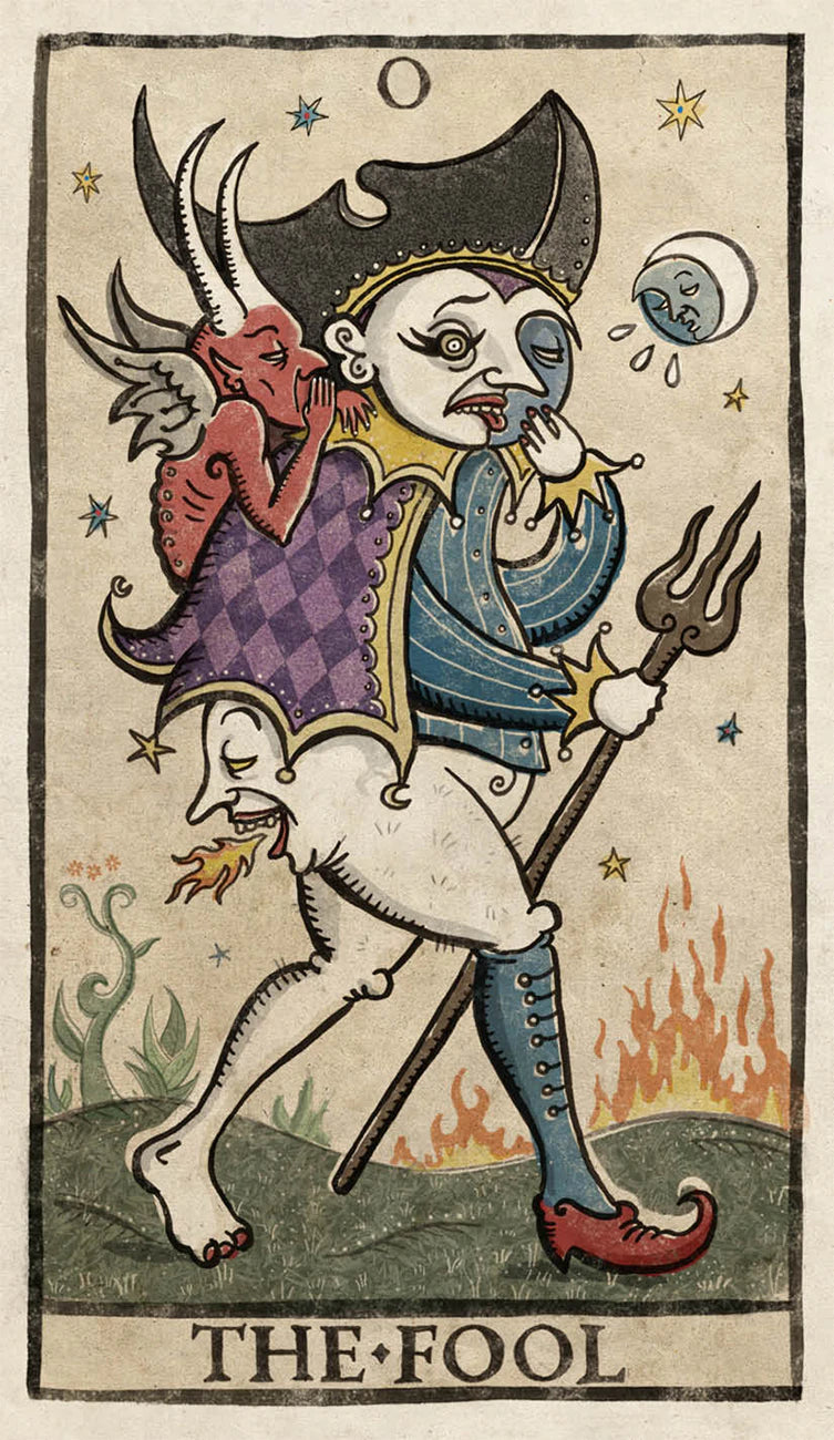 Vintage-style tarot card featuring 'The Fool' with a devilish figure and trident.