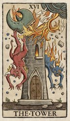 Tarot card titled 'The Tower' with a fiery scene and two demons, featuring the number XVI.