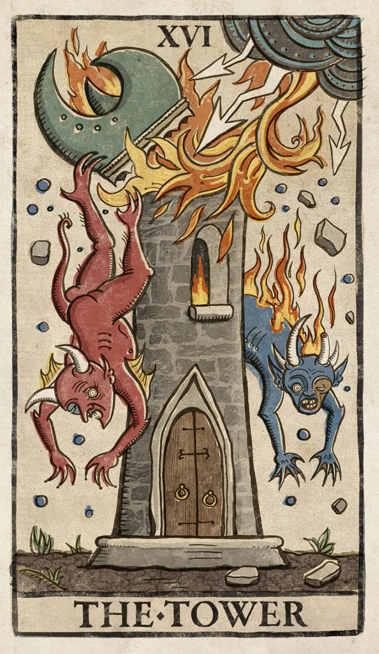 Tarot card titled 'The Tower' with a fiery scene and two demons, featuring the number XVI.