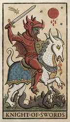 Card featuring a knight on a horse with a sword, labeled 'Knight of Swords', on a beige background.