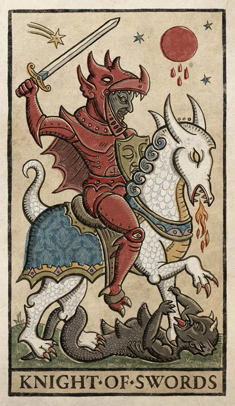Card featuring a knight on a horse with a sword, labeled 'Knight of Swords', on a beige background.