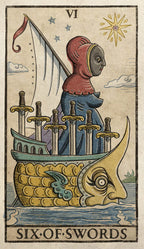 Six of Swords tarot card with a hooded figure and swords on a boat.