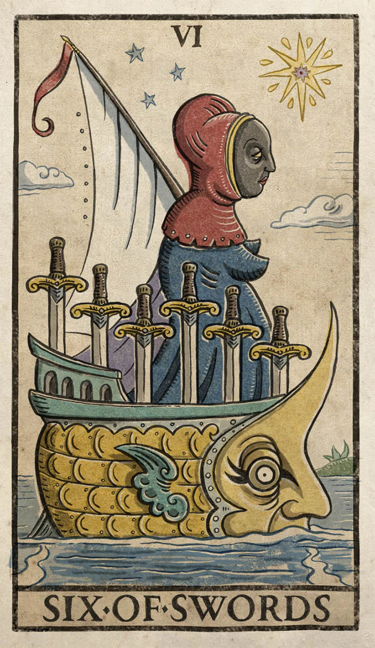 Six of Swords tarot card with a hooded figure and swords on a boat.