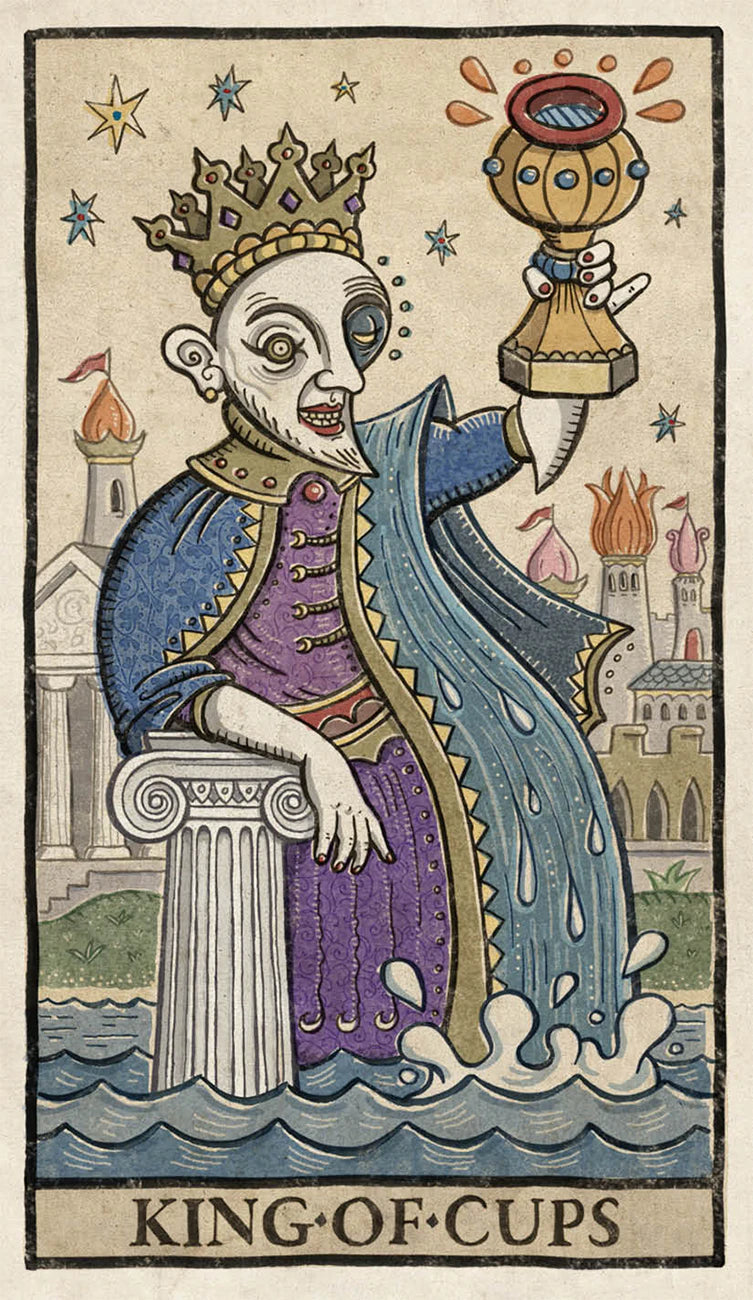 King of Cups tarot card with a person holding a cup, surrounded by stars and buildings.