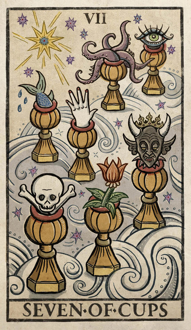 Seven of Cups tarot card with symbolic elements and text