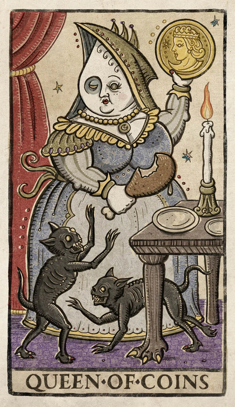 Vintage-style card featuring a woman labeled 'Queen of Coins' with a cat and a candle.