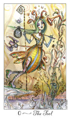 Artistic depiction of 'The Fool' card from a tarot deck with a fairy-like figure holding a staff.