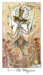 Illustration of 'The Magician' from a tarot card, featuring a stylized figure with a top hat and cane against a floral background.