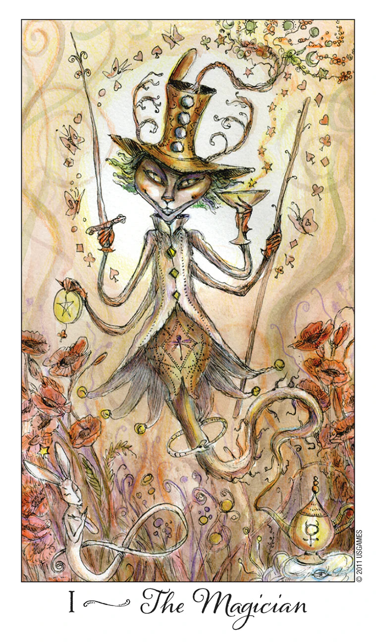 Illustration of 'The Magician' from a tarot card, featuring a stylized figure with a top hat and cane against a floral background.