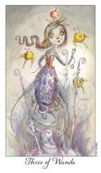 Fantasy illustration of a character with wands and birds, titled 'Three of Wands'.