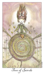 Card featuring a stylized figure with a spiral design and 'Four of Swords' text on a pastel background.