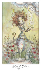 Illustration of a fairy-like character with coins, titled 'Ace of Coins', in a whimsical setting.