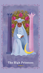 Card featuring 'The High Priestess' from a tarot deck with a purple background and decorative elements.