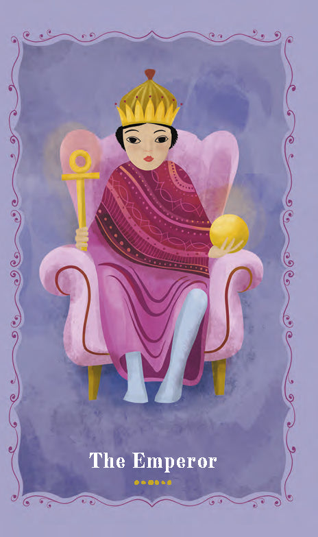 Card featuring 'The Emperor' from a tarot deck with a purple background
