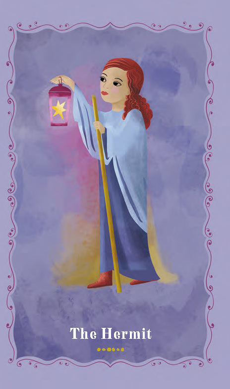 Card featuring 'The Hermit' from a tarot deck with a person holding a lantern against a purple background.