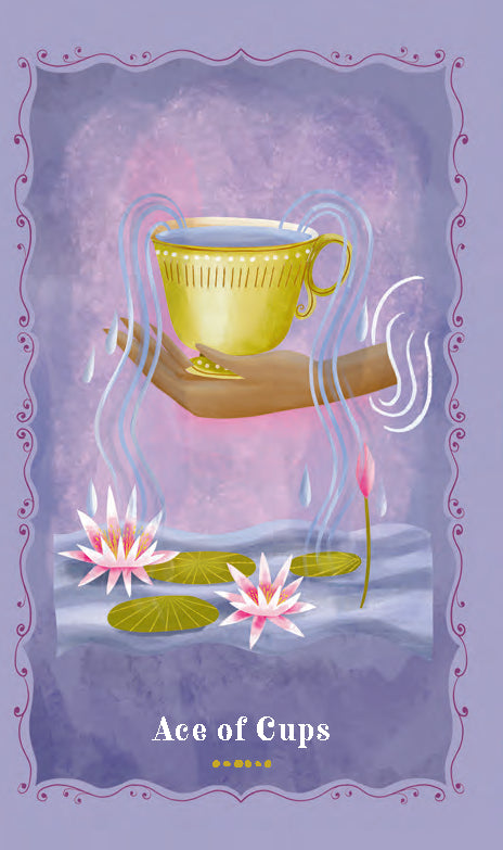 Ace of Cups tarot card with a yellow cup on a stick over water with flowers, on a purple background.
