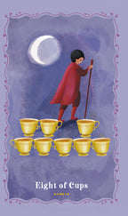 Card from a tarot deck showing a figure with eight gold cups under a moonlit sky.
