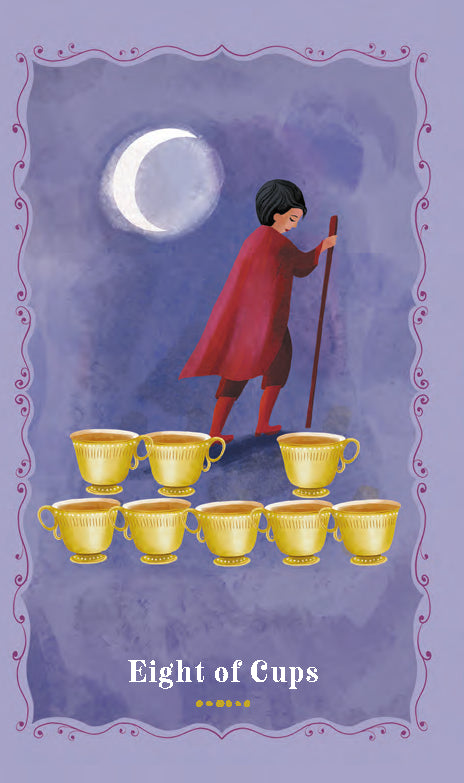 Card from a tarot deck showing a figure with eight gold cups under a moonlit sky.