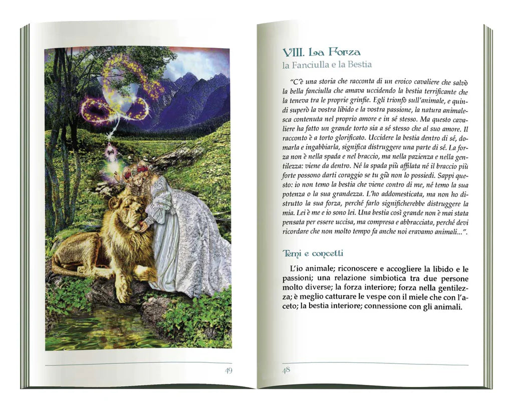 Open book with a colorful illustration of a woman and lion in a natural setting